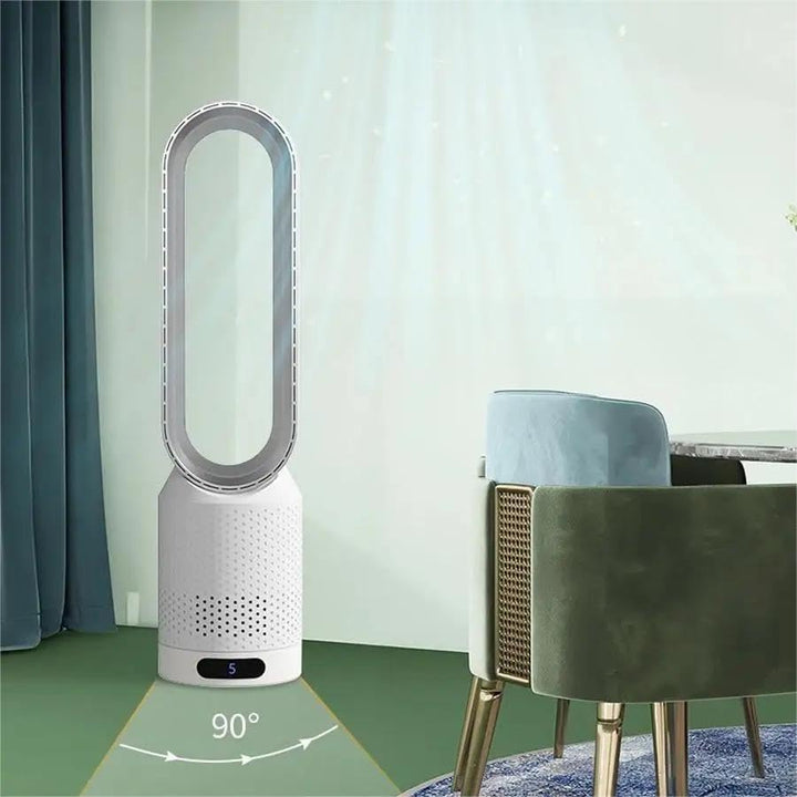 Bladeless portable fan & air purifier offering quiet cooling & clean air. Includes remote control for easy use.