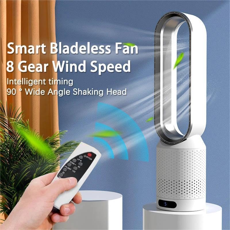 Modern bladeless fan delivers refreshing cool air & purification. Portable with remote control for ultimate home comfort.