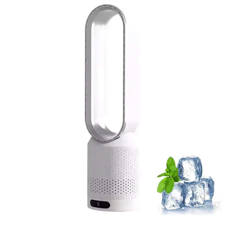 White portable bladeless air purifier fan. Quiet operation, remote control, modern design for effective cooling & air quality.