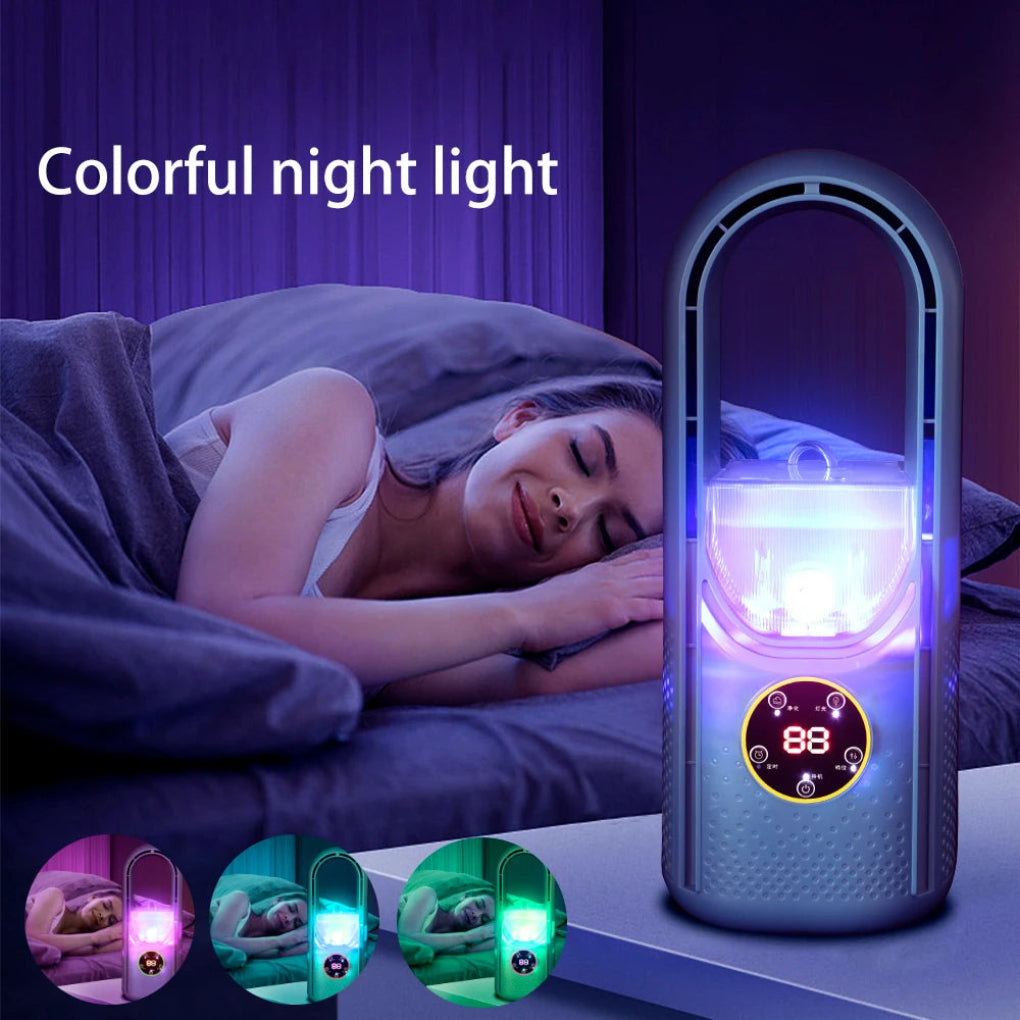 Portable bladeless cooling fan with LED display, perfect for desk, office, or travel. Quiet USB personal fan.