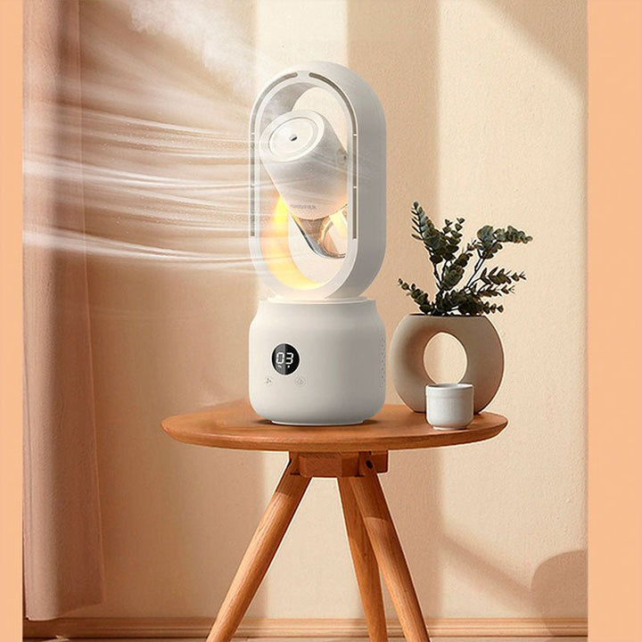 Portable bladeless fan & humidifier with fine mist for personal cooling. Ideal desk fan for comfort.