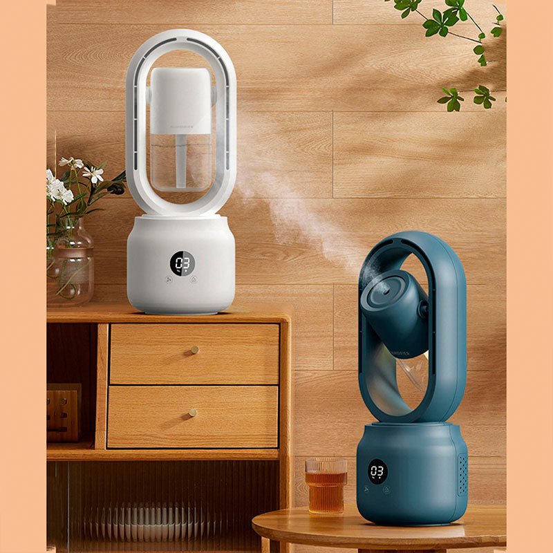 Sleek USB rechargeable bladeless personal cooler with humidifier, LED night light, and quiet operation.