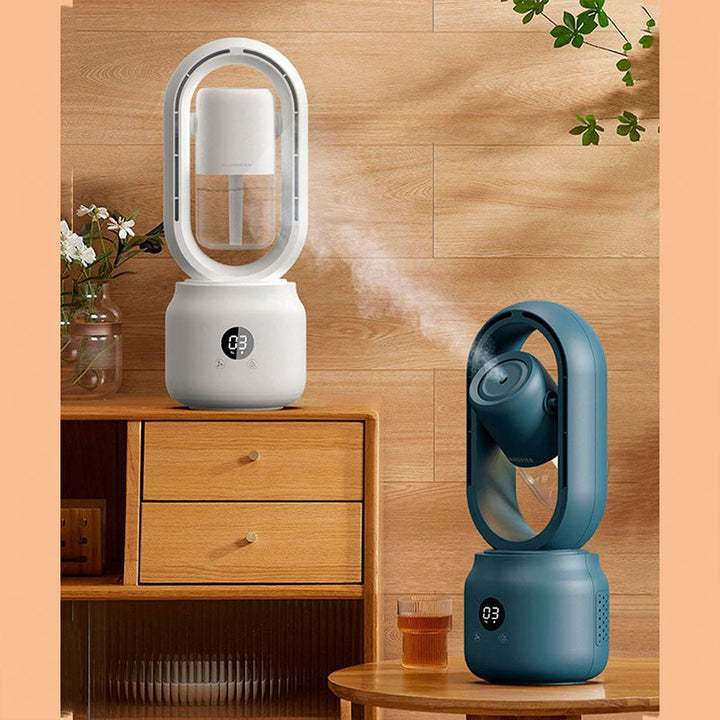 Sleek USB rechargeable bladeless personal cooler with humidifier, LED night light, and quiet operation.