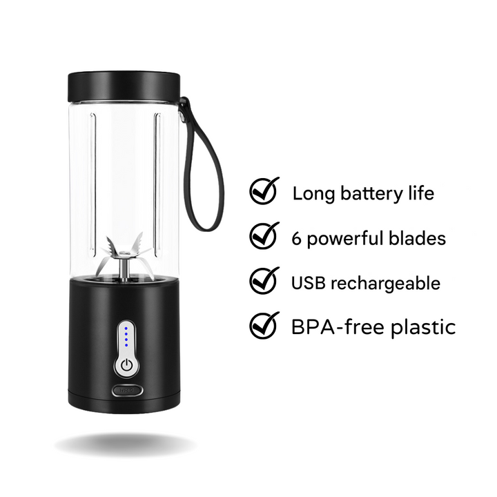 Compact travel blender, perfect for making fresh smoothies, protein shakes, or baby food on adventures.