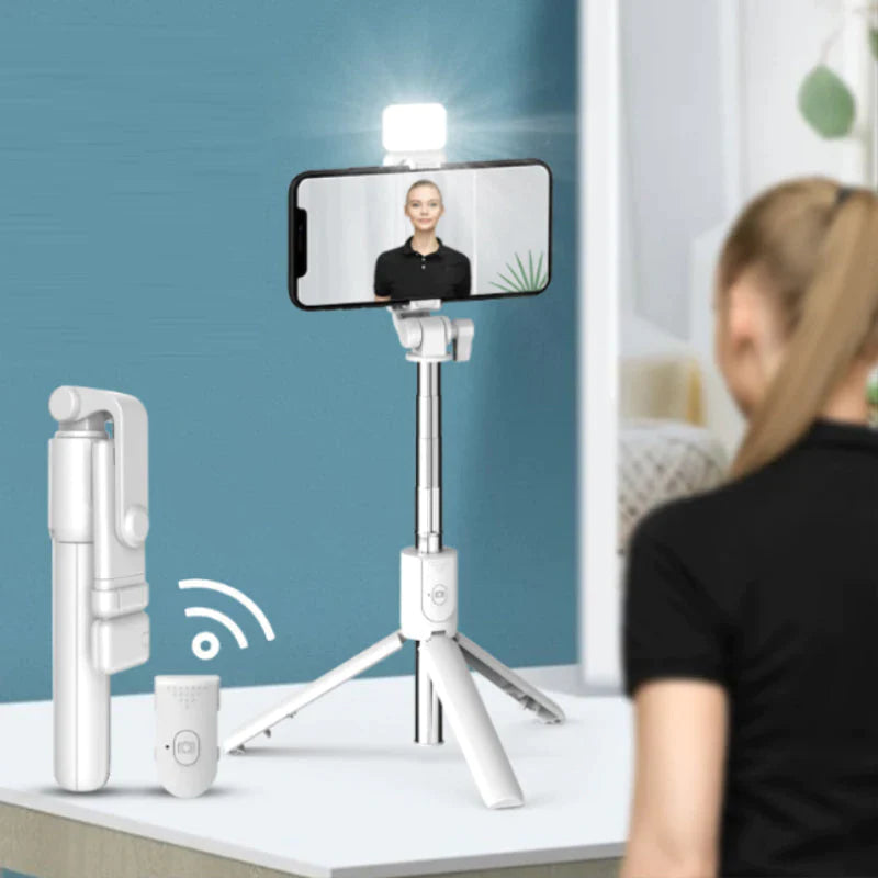 Portable Bluetooth selfie stick & tripod with wireless remote for smartphones. Perfect for photography & video recording.