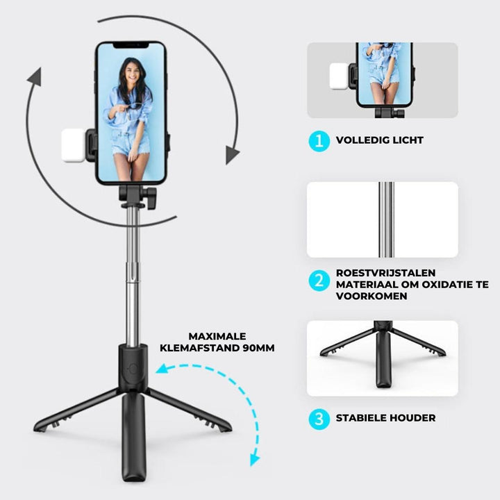 Easy-to-use Bluetooth selfie stick & tripod for wireless smartphone photography. Portable phone accessory with remote control.