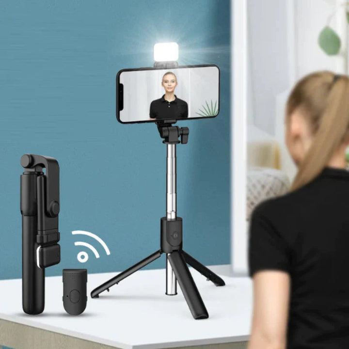 Universal portable selfie stick & tripod with wireless Bluetooth remote for smartphones. Ideal for travel photography & videos.