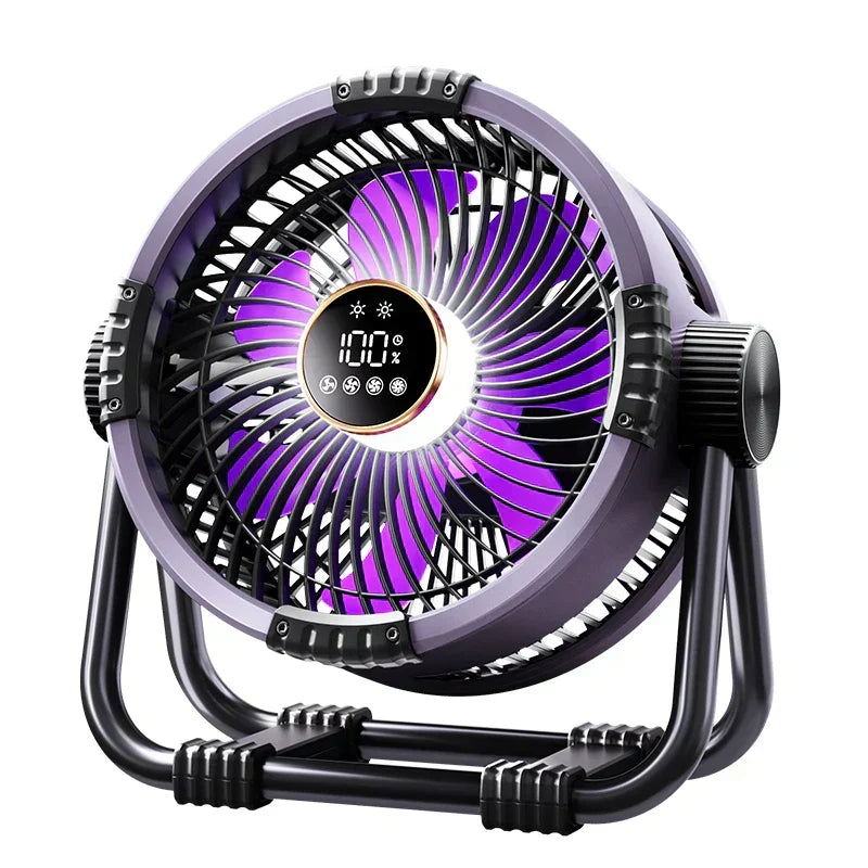 Rechargeable outdoor fan with remote control, LED light, and 20000mAh power bank for camping trips.