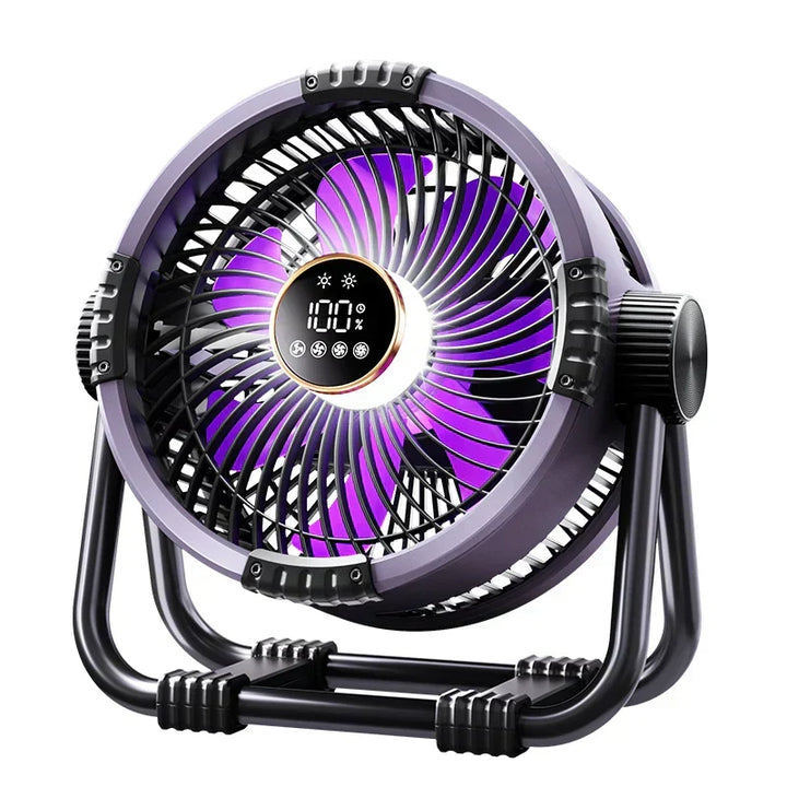 Rechargeable outdoor fan with remote control, LED light, and 20000mAh power bank for camping trips.
