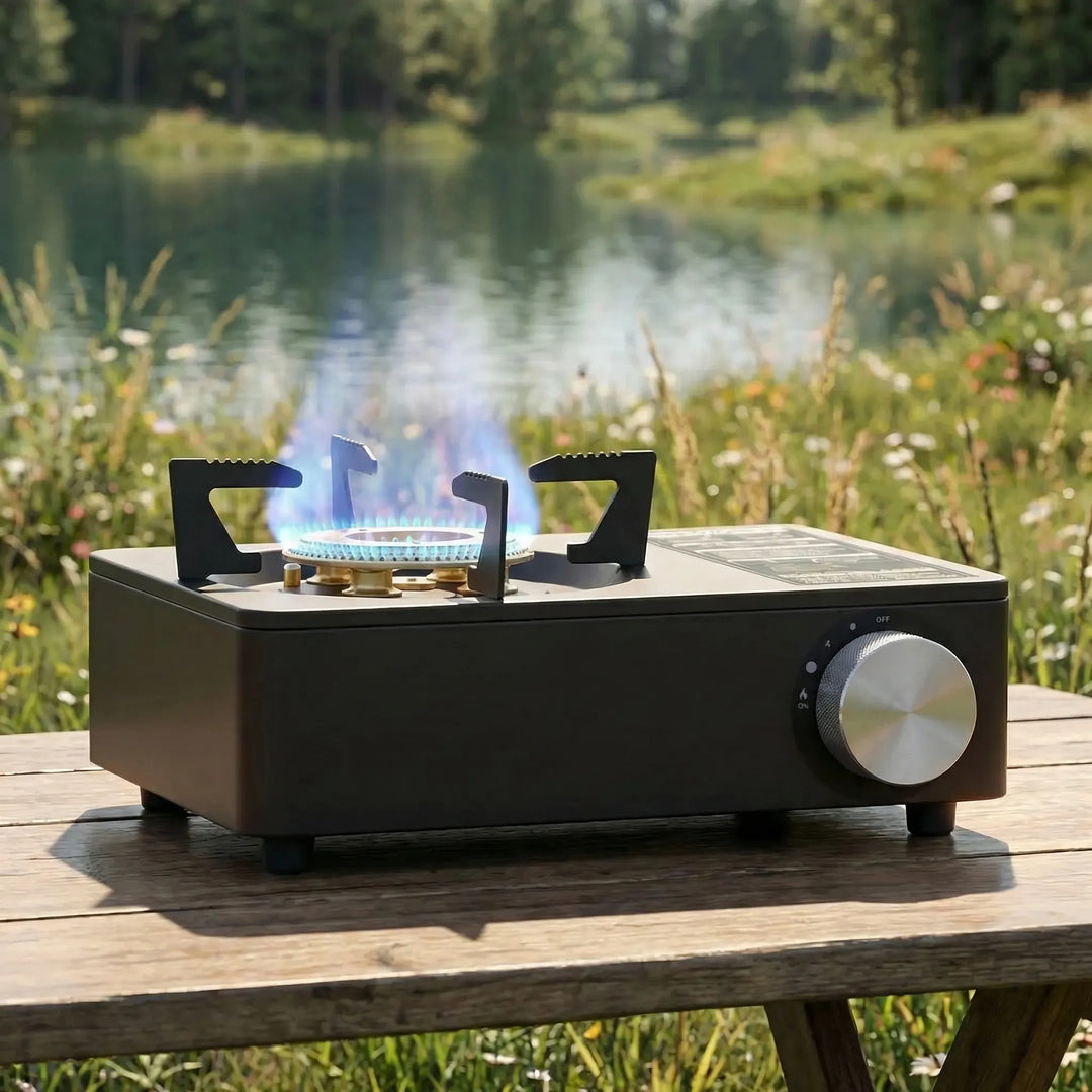 Portable camping gas stove with high-output burner for outdoor cooking, hiking, and backpacking adventures.