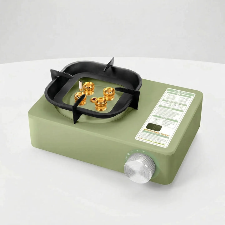 Durable single burner portable gas stove for camping, hiking, and backpacking. High-output outdoor cooktop.