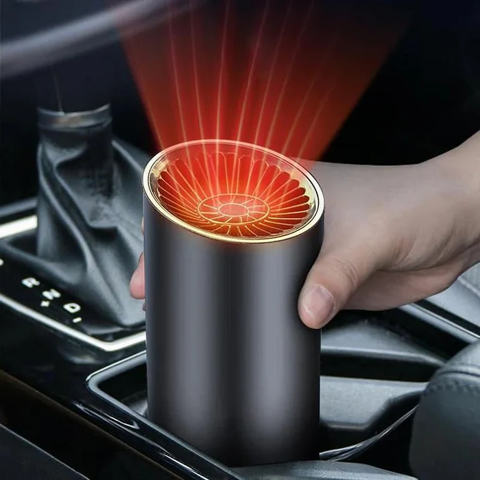 Cup shape portable car heater & cooler. 360-degree rotatable 12V blower for fast defrosting and warmth.