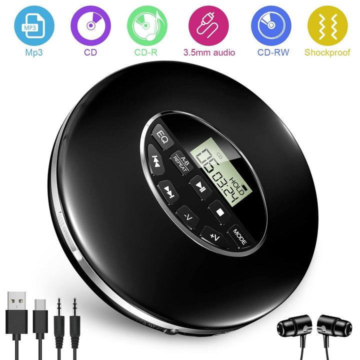 Compact portable Walkman CD player, ideal for personal music listening at home or on a trip. MP3 compatible.