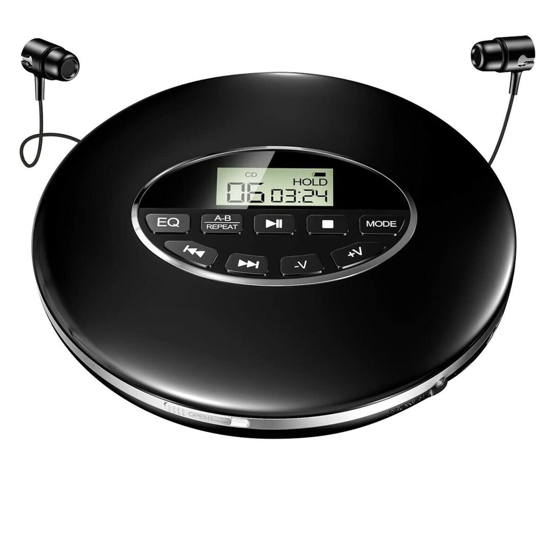 Portable electronic CD music player for cars and homes. Enjoy your favorite compact discs with anti-skip feature.