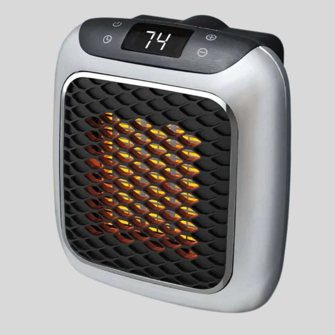 Portable ceramic heater with digital display. Compact electric space heater for personal comfort in home or office.