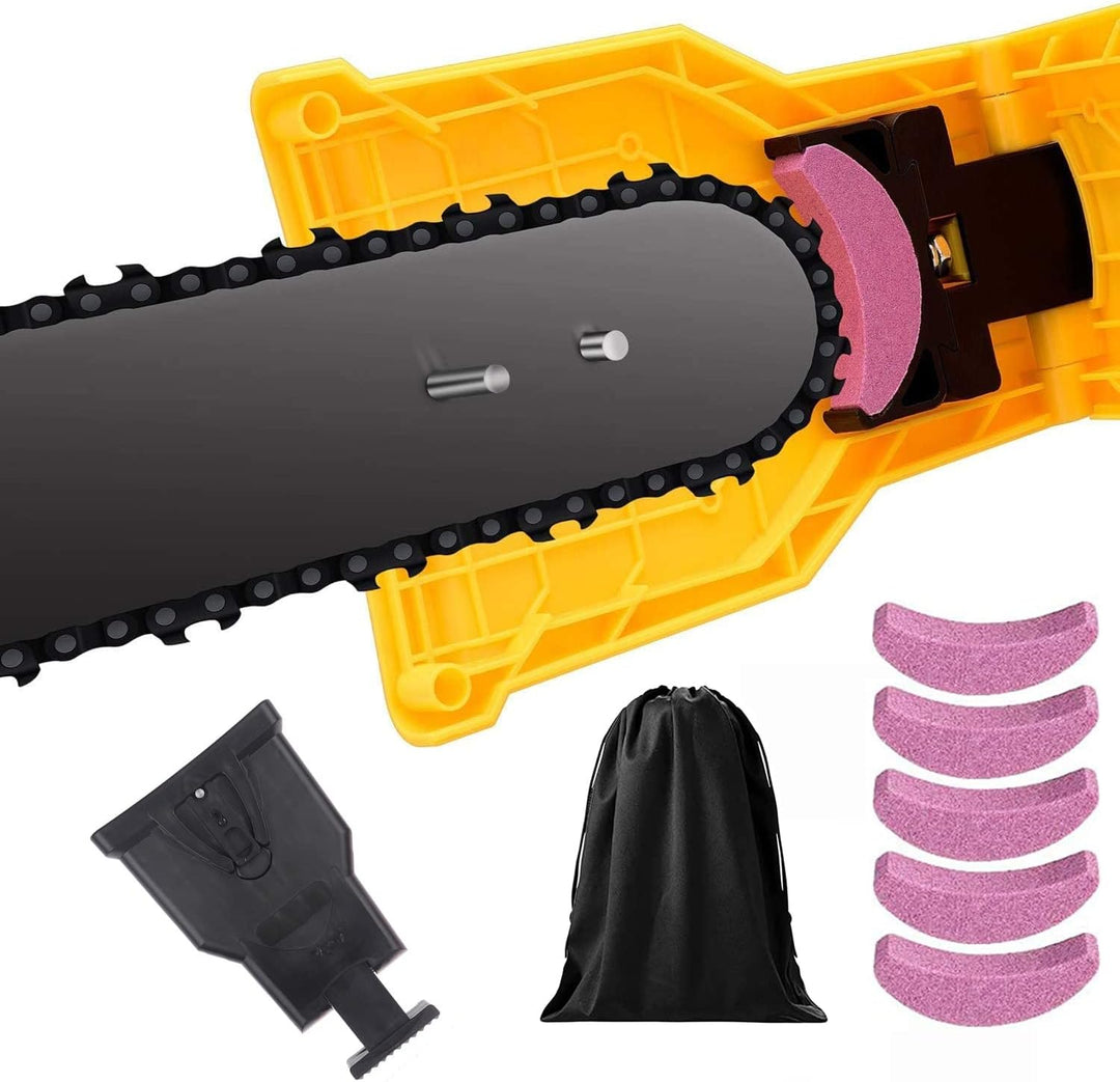 Easy-to-use black portable chainsaw sharpener ensures sharp blades for efficient wood cutting tasks.