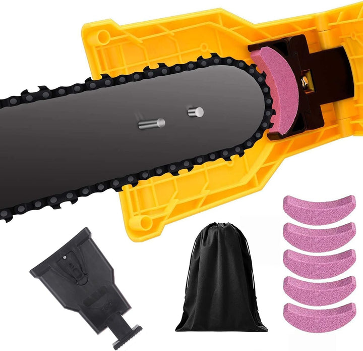 Easy-to-use black portable chainsaw sharpener ensures sharp blades for efficient wood cutting tasks.