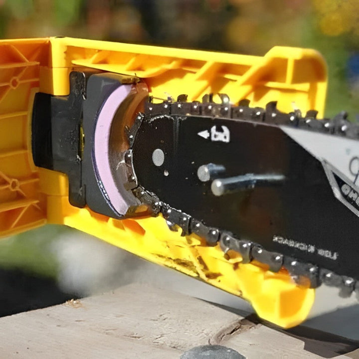 Quick-action portable sharpener keeps chainsaw teeth razor-sharp, enhancing wood cutting performance.
