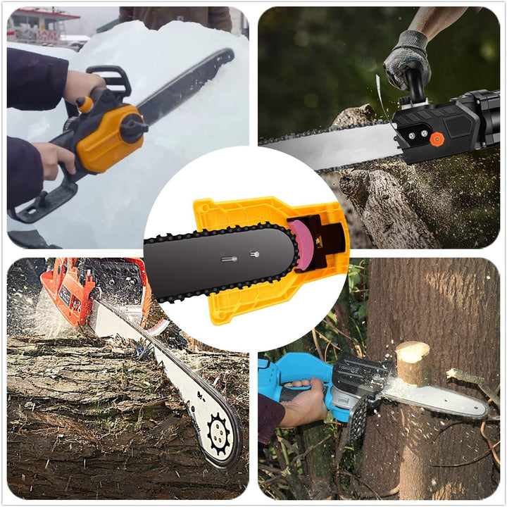 Achieve sharp chainsaw blades with this portable sharpening tool, great for quick wood cutting preparation.