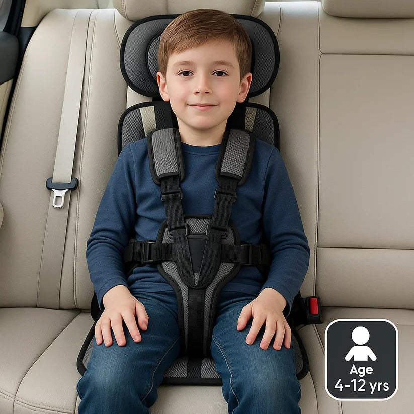 Portable travel car seat with secure harness, easy for parents to manage.