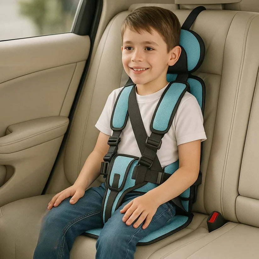 Toddler portable car seat, safe & comfortable for long trips, adjustable straps.