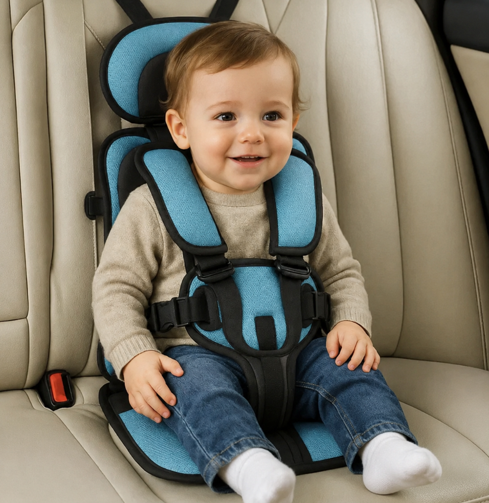 Compact child car seat, portable design, adjustable for growth and comfort.