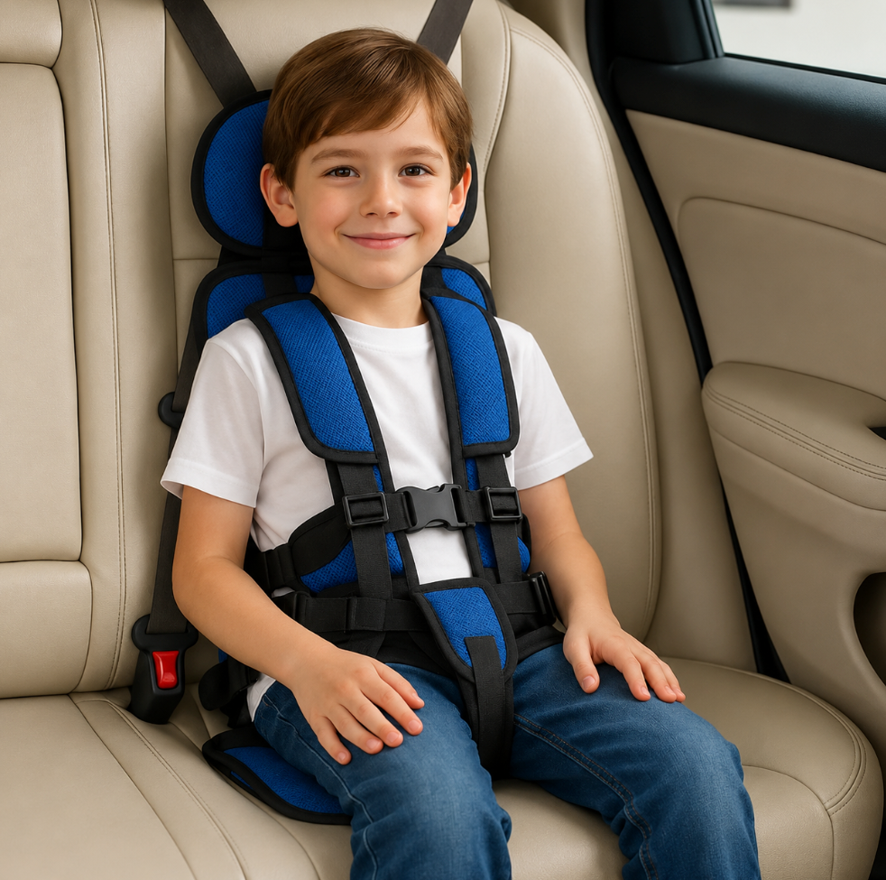 Kids safety booster, portable & lightweight for various vehicles, easy transfer.