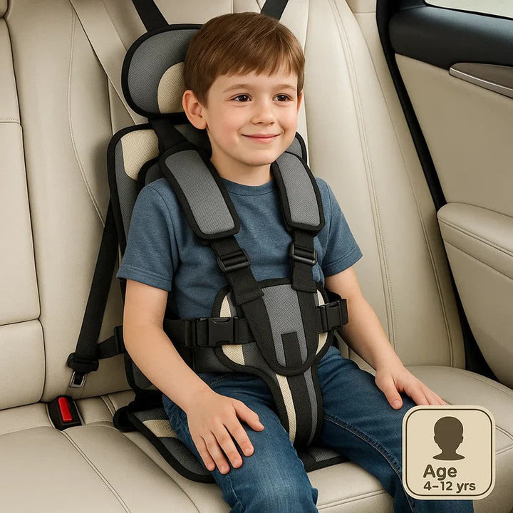 Toddler car seat, portable for travel, featuring a secure harness system.