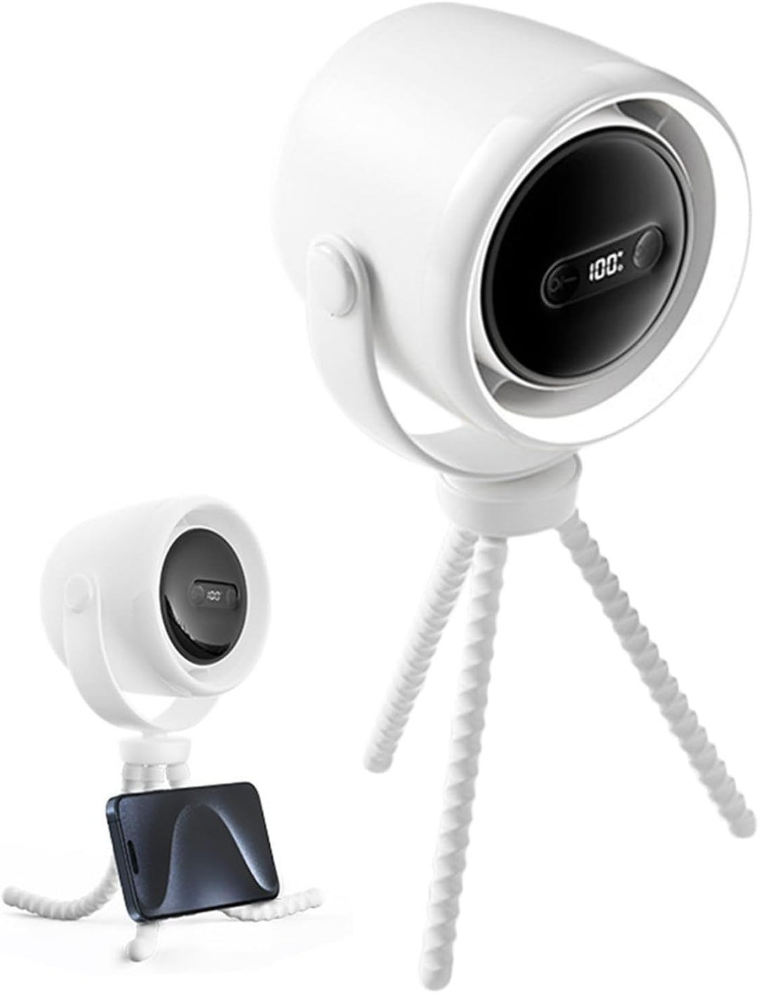 Rechargeable fan with night light, shown from the side to emphasize its sleek design.
