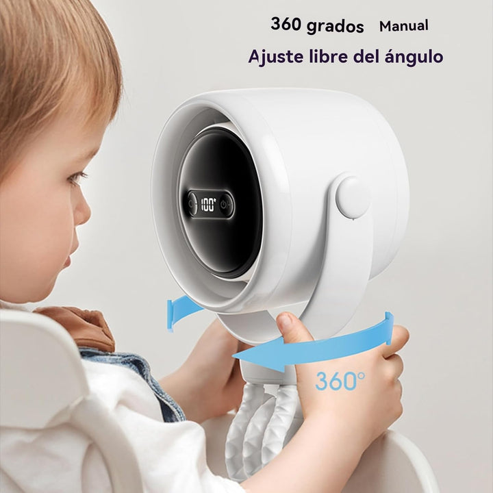 Fan attached to a car seat, providing cool air and a comforting night light for travel.