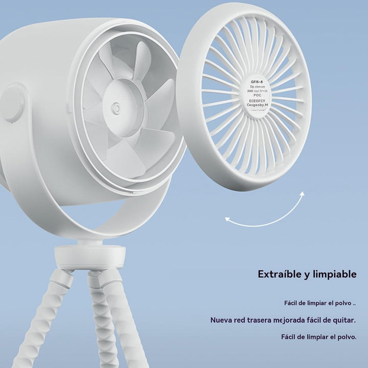 The portable fan's USB charging port highlighted, emphasizing convenience for travel.