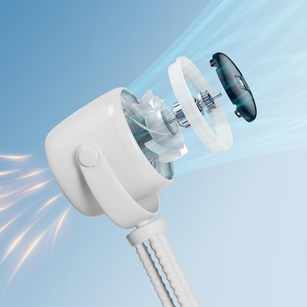 Clip-on fan detached, showcasing its compact size and lightweight for on-the-go parents.