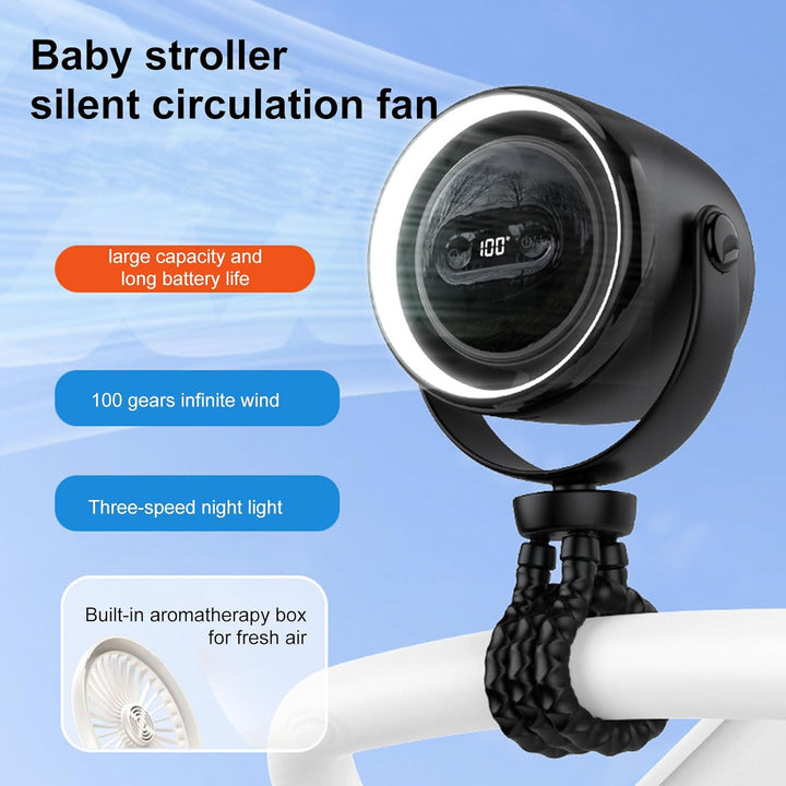 Rechargeable clip-on fan on a crib, showing adjustable 100 speeds and soft light.