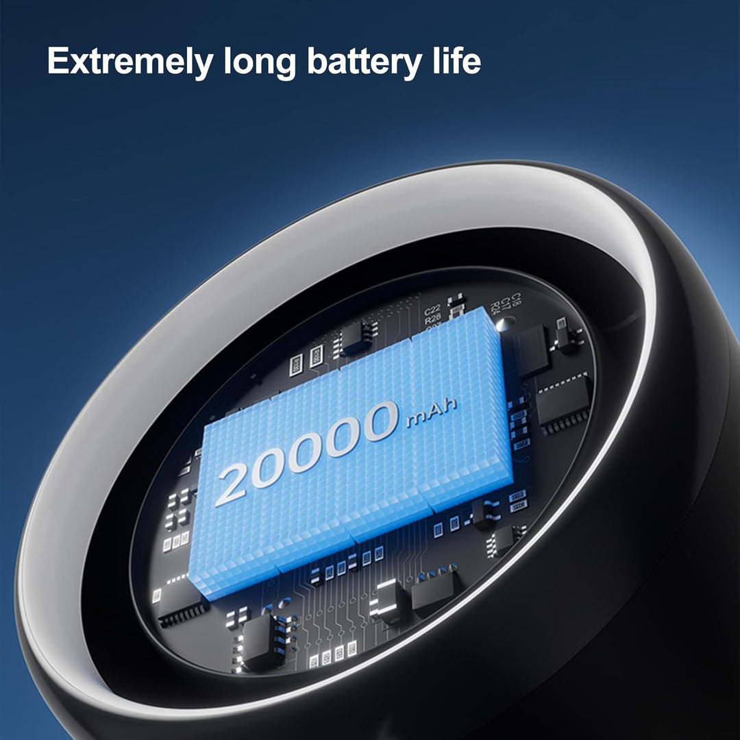 Compact rechargeable fan, ideal for strollers, cribs, or desk use, with built-in light.
