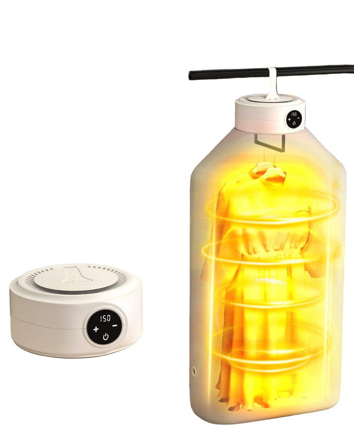 Portable clothes dryer with folding bag, ideal for small apartments & dorm rooms, compact design.
