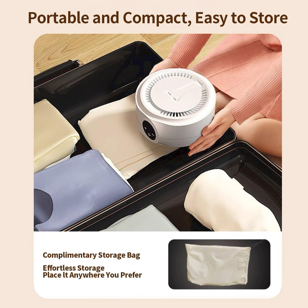 Travel-friendly portable clothes dryer, showing its compact size next to a suitcase, for easy packing