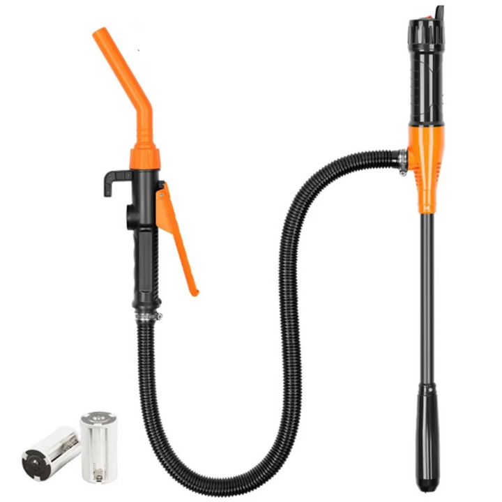 Portable cordless battery-powered oil transfer pump with flexible hose for quick fluid and fuel transfers in car maintenance.