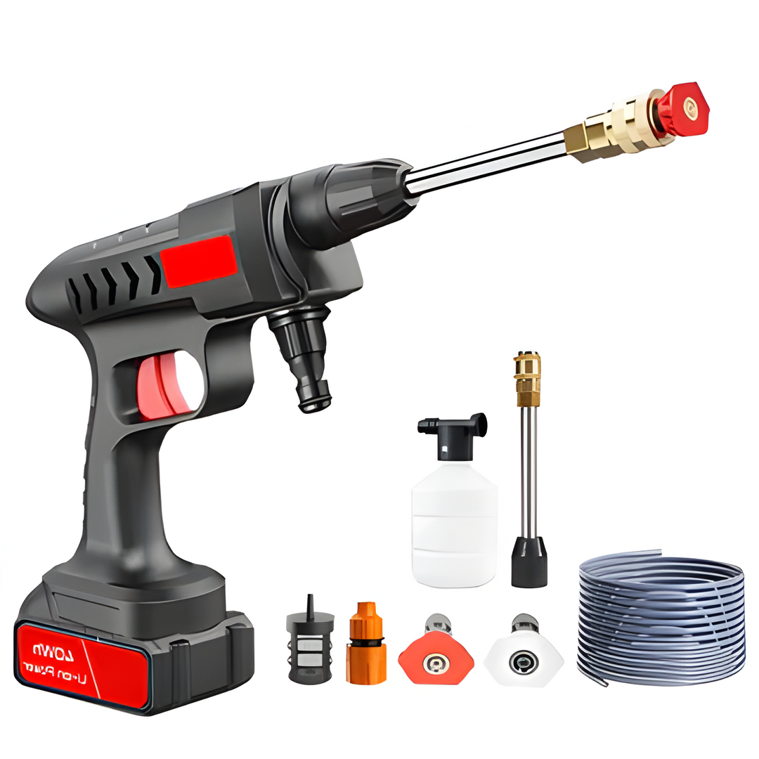 Portable cordless high pressure car washer gun for efficient automotive cleaning & detailing.
