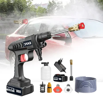 Cordless high pressure water gun, ideal for portable car washing, detailing & general cleaning tasks.