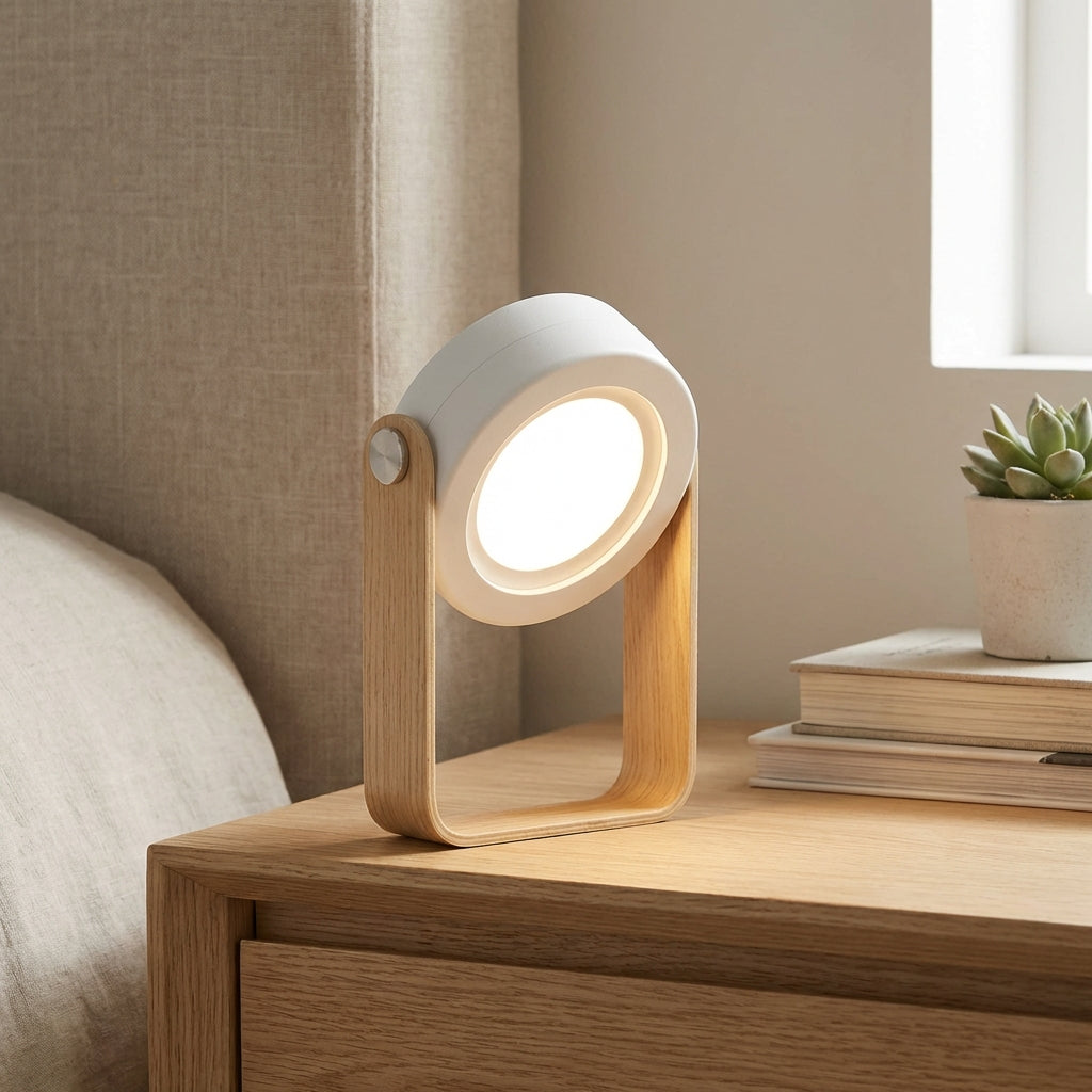 Portable dimmable LED table lamp with a sleek wooden base and soft ambient light output.