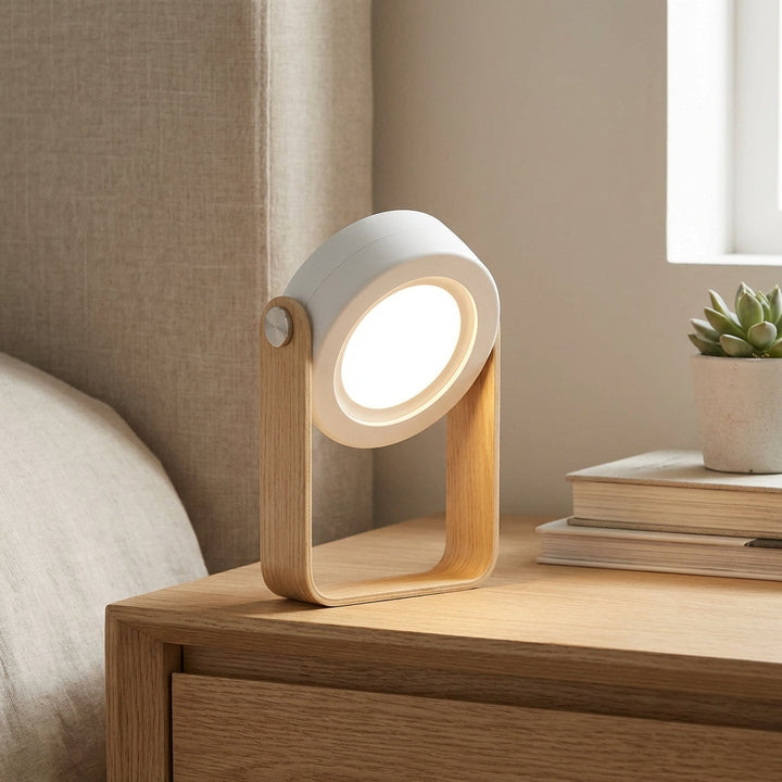 Portable dimmable LED table lamp with a sleek wooden base and soft ambient light output.