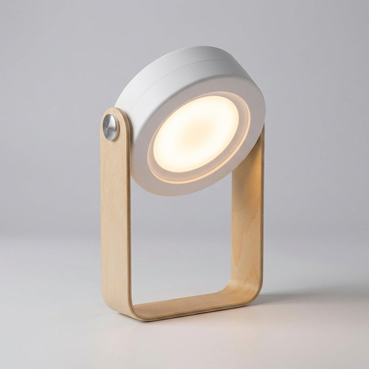 Modern tabletop Solvian LED lamp with touch control, a portable design, and natural wooden base.