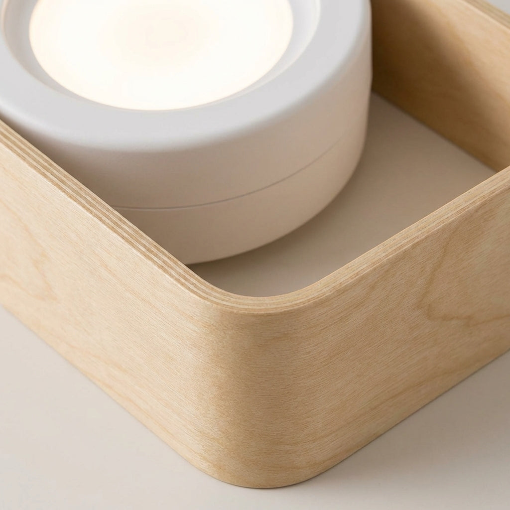 Rechargeable LED table lamp featuring dimmable light and a stylish round wooden base, perfect for home decor.