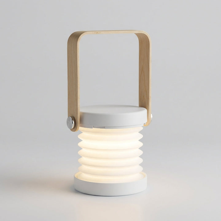 Compact dimmable LED table lamp with a sophisticated wooden base, offering versatile ambient lighting.