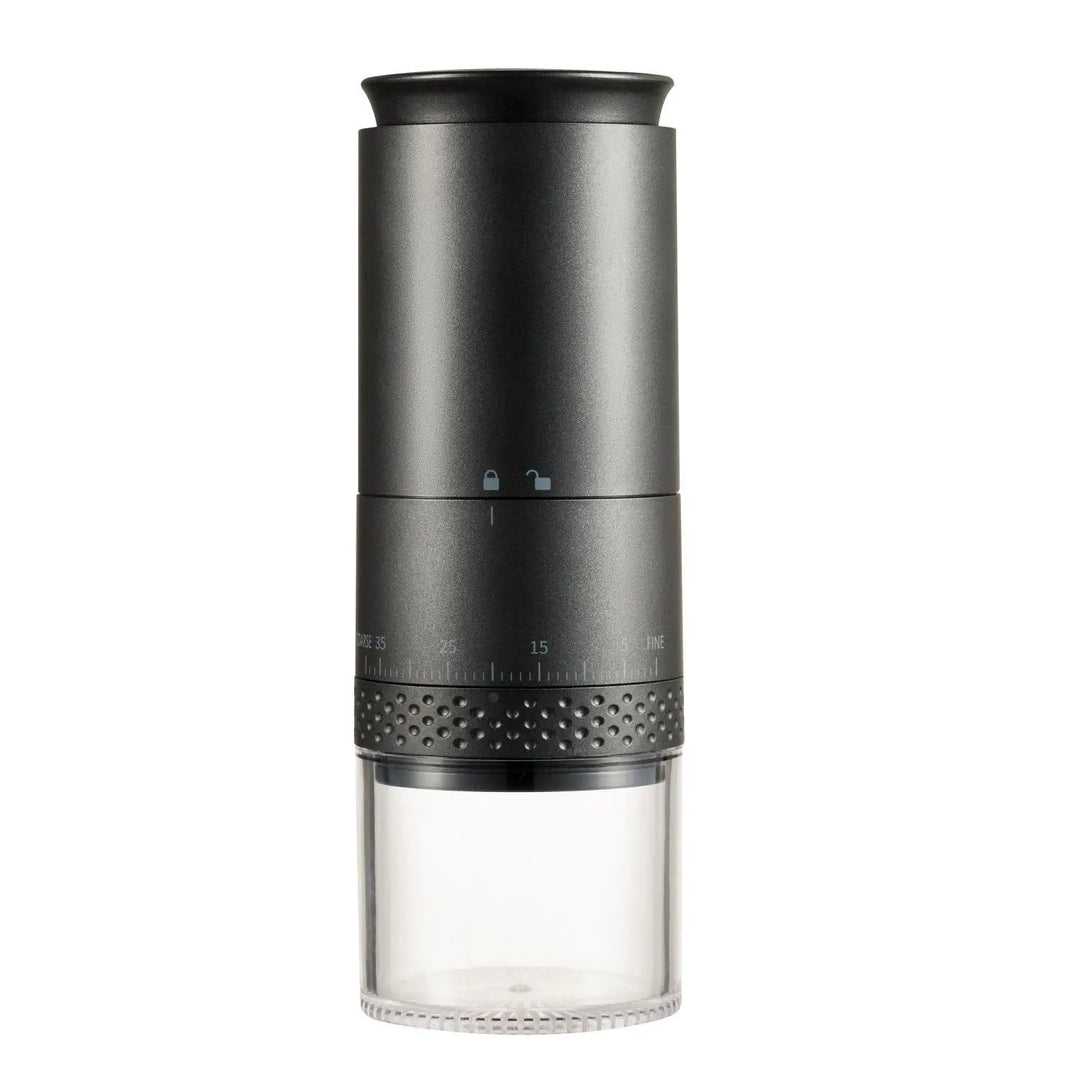 Portable electric coffee grinder, USB-C rechargeable, for fresh beans at home or travel.