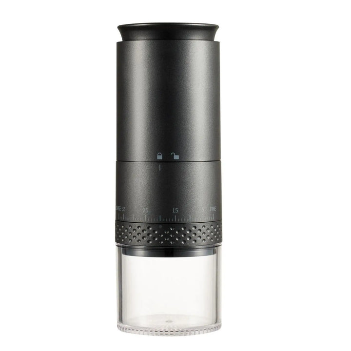 Portable electric coffee grinder, USB-C rechargeable, for fresh beans at home or travel.