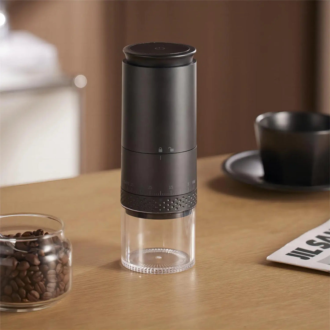 Electric coffee bean grinder with adjustable settings for espresso, pour-over, or French press coffee.