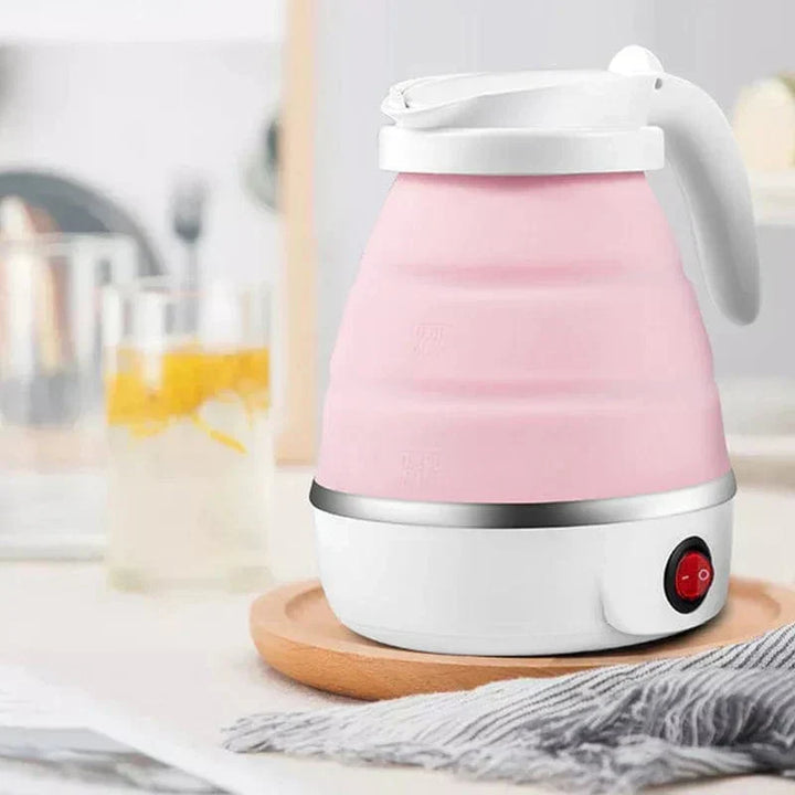 Portable electric FlexiBoil travel kettle, collapsible for hot beverages on the go.
