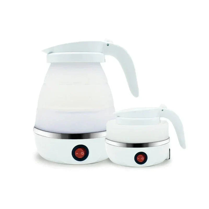 Foldable electric travel kettle with silicone body, perfect for hot drinks anywhere.