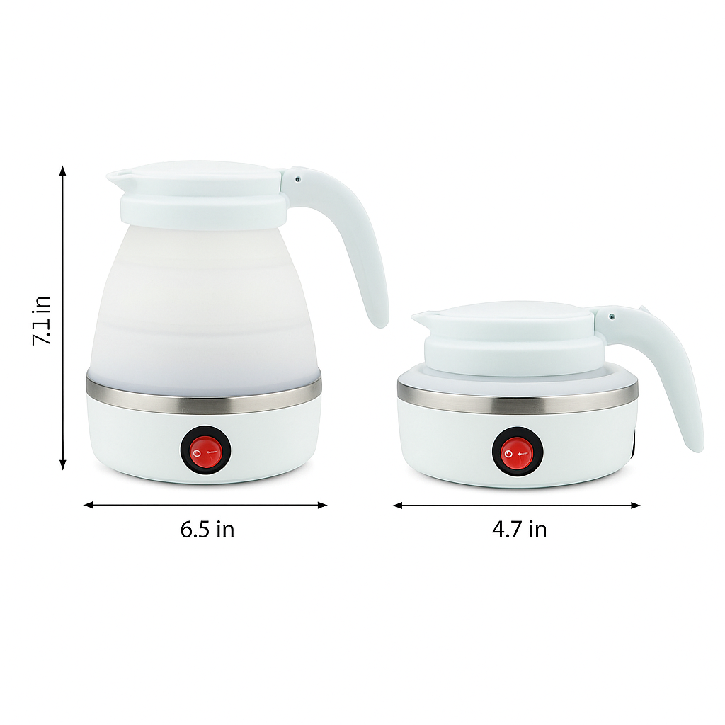 Ultra-compact, fast-boiling collapsible electric travel kettle for hot beverages on camping trips.